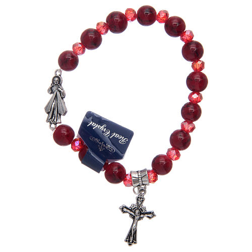 Pulseira elástica com contas em vidro vermelho Jesus Misericordioso 1