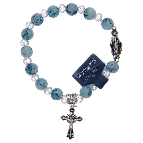 Elastic bracelet with light blue glass grains and Miraculous Virgin Mary 1