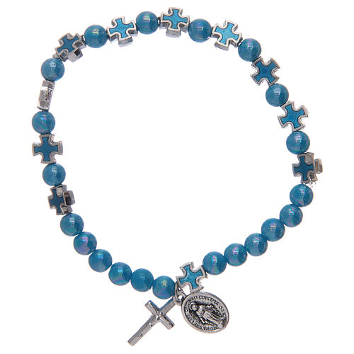 Elastic bracelet with glass grains and polished metal cross 1