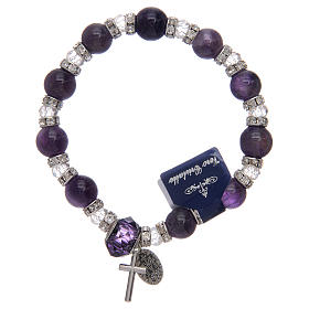 Elastischer Armband violetten Glas Perlen und Kreuz