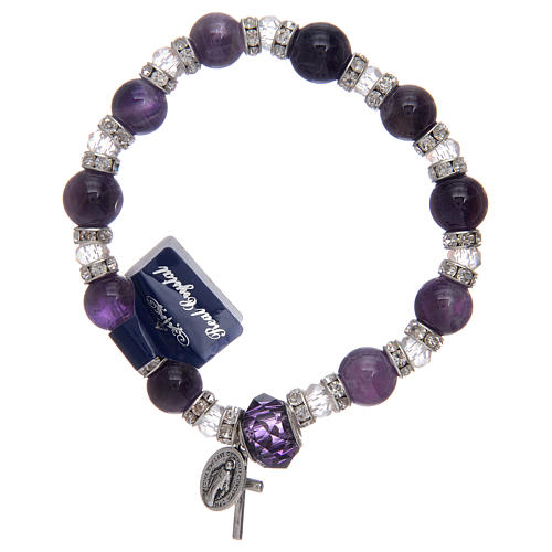 Elastischer Armband violetten Glas Perlen und Kreuz 1