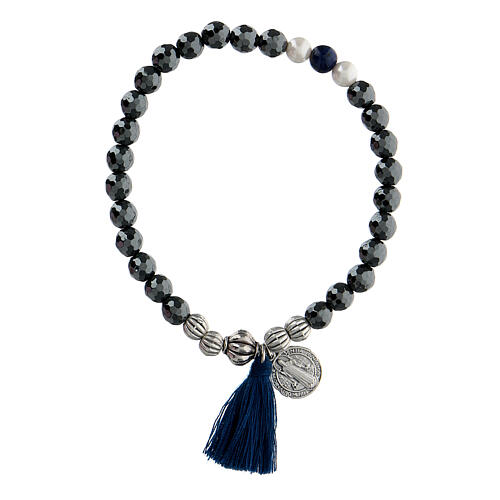 Elastic bracelet in hematite and Saint Benedict medalet 1