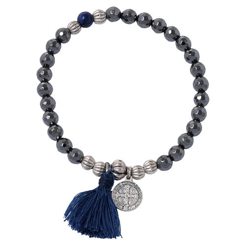 Pulsera elástica hematites y Medalla San Benito 3