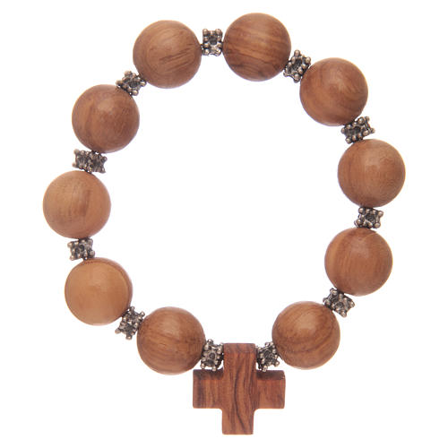 Rosary bracelet with ten elastic and olive wood grains and cross 1