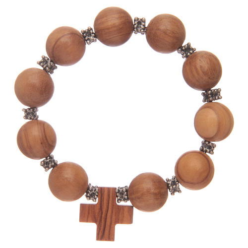 Rosary bracelet with ten elastic and olive wood grains and cross 2