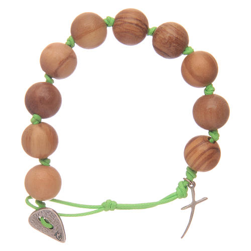 Zehner Armband Olivenholz Perlen Kreuz und grünen Band 1