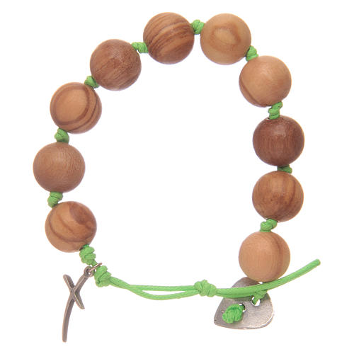 Zehner Armband Olivenholz Perlen Kreuz und grünen Band 2