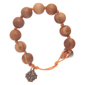 Decade rosary bracelet with wooden grains and a Jerusalem cross medal
