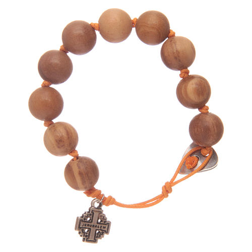 Decade rosary bracelet with wooden grains and a Jerusalem cross medal 2