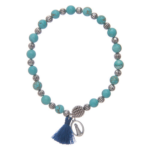 Bracelet élastique avec grains en pierre turquoise et Notre-Dame de Lorette 1