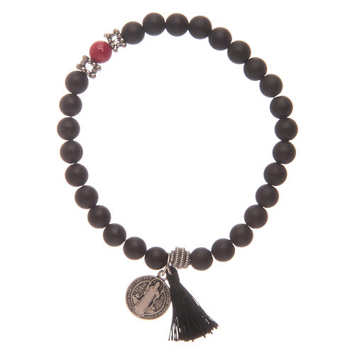 Bracelet élastique médaille St Benoît avec grains onyx noir 1