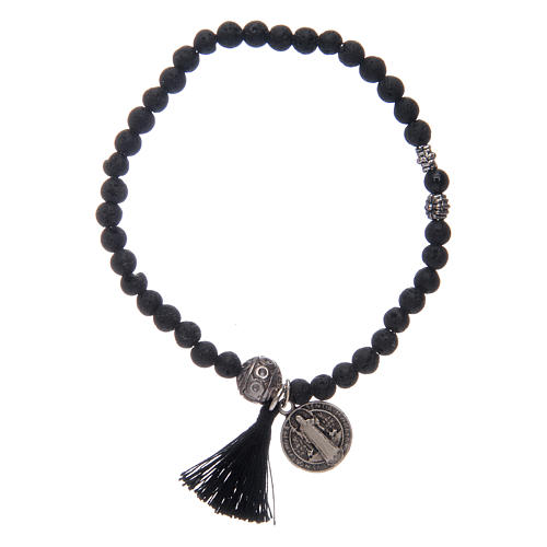 Elastic bracelet with Saint Benedict medal and 4 mm onyx grains 1
