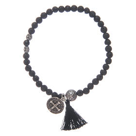 Elastic bracelet with Saint Benedict medal and 4 mm onyx grains