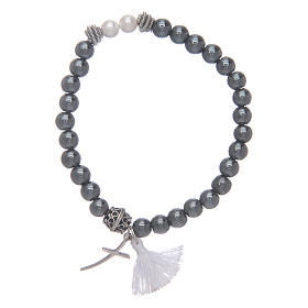 Pulseiras Variadas: Pulseira elástica com cruz e borla branca