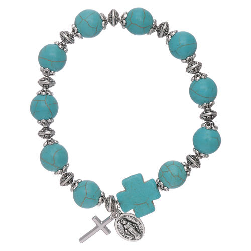 Elastic bracelet turquoise glass grains 10 mm with cross 1