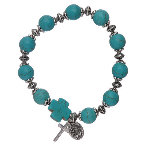 Elastic bracelet turquoise glass grains 10 mm with cross 2