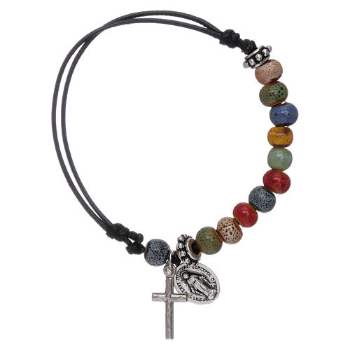 Bracelet with multicoloured glass grains 7x5 mm black cord 1