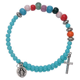 Bracciale grani 4 mm vetro azzurro grani multicolore su spirale