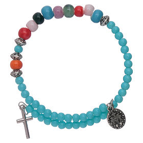 Bracciale grani 4 mm vetro azzurro grani multicolore su spirale