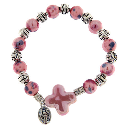 Pulsera elástico granos cerámica 10x8 mm y cruz rosa 1