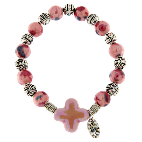 Pulsera elástico granos cerámica 10x8 mm y cruz rosa 2