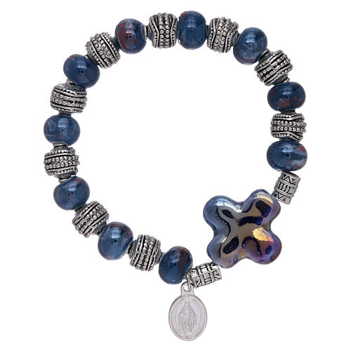 Elastischer Armband Keramik Perlen 10x8mm mit blauen Kreuz 1