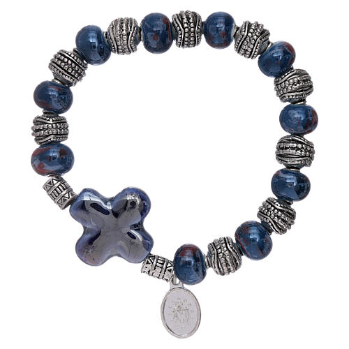 Elastischer Armband Keramik Perlen 10x8mm mit blauen Kreuz 2