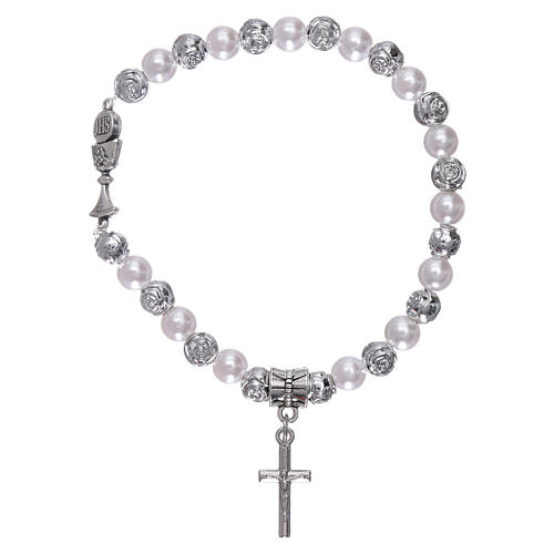 Elastischer Armband Perlen und rosen 6mm Kreuz und Hostie 1