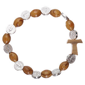 One decade rosary bracelet in pine and olive wood with Tau cross and oval beads 8x6 mm, Saint Benedict