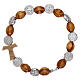 One decade rosary bracelet in pine and olive wood with Tau cross and oval beads 8x6 mm, Saint Benedict s1