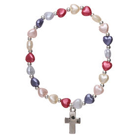 Rosary decade bracelet in plastic with 4x4 mm heart-shaped grains, multicolour