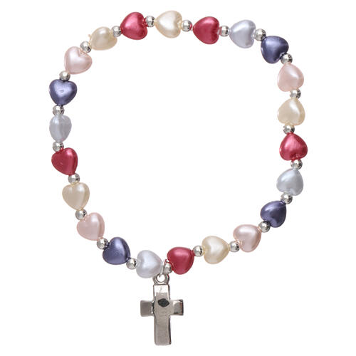 Decade rosary bracelet in plastic with 4x4 mm heart-shaped beads, multi-color 1