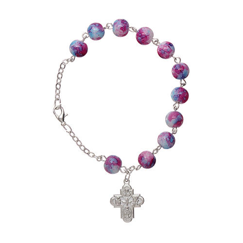 Zehner Armband rosa Glas Perlen 6mm mit Kreuz 1