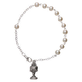 Rosary decade bracelet in white glass with 6x6 mm grains, fastener and chalice pendant