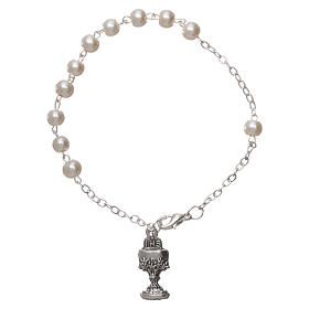 Rosary decade bracelet in white glass with 6x6 mm grains, fastener and chalice pendant