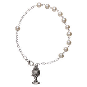One decade rosary bracelet with 3 mm white glass beads, clasp and chalice charm