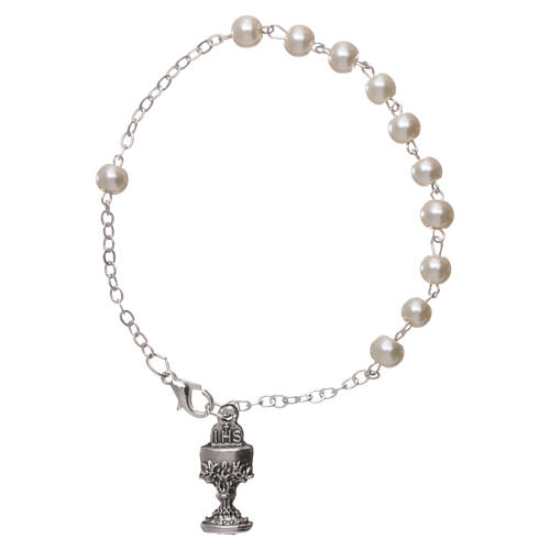 One decade rosary bracelet with 3 mm white glass beads, clasp and chalice charm 1
