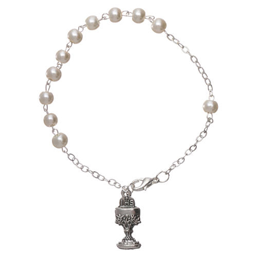 One decade rosary bracelet with 3 mm white glass beads, clasp and chalice charm 2