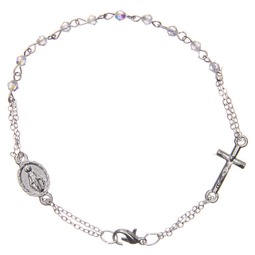 Rosary bracelet with closure, transparent faceted beads 1x1 mm, with cross and medal 1