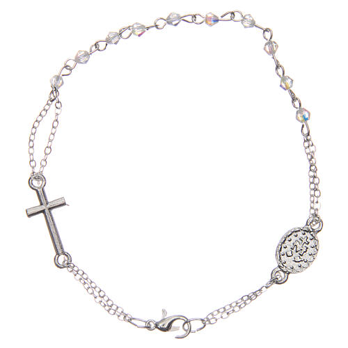 Rosary bracelet with clasp, transparent rhombus beads 1x1 mm, with cross and medal 2