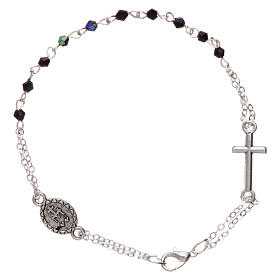 Rosary decade bracelet with 1x1 mm faceted black grains, fastener and miraculous medal