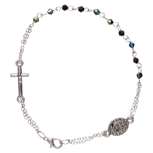 Rosary decade bracelet with 1x1 mm faceted black grains, fastener and miraculous medal 1