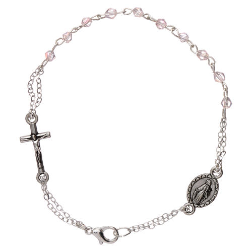 Rosary decade bracelet with 1x1 mm faceted pink grains, fastener and miraculous medal 1