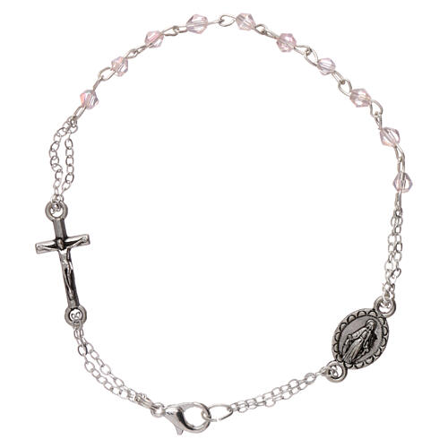 Decade rosary bracelet with 1 mm rhombus pink beads, clasp closure and Miraculous medal 1