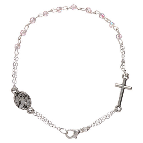 Decade rosary bracelet with 1 mm rhombus pink beads, clasp closure and Miraculous medal 2