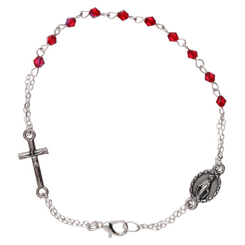 Decade rosary bracelet with 1 mm rhombus ruby beads, clasp closure and Miraculous medal 1