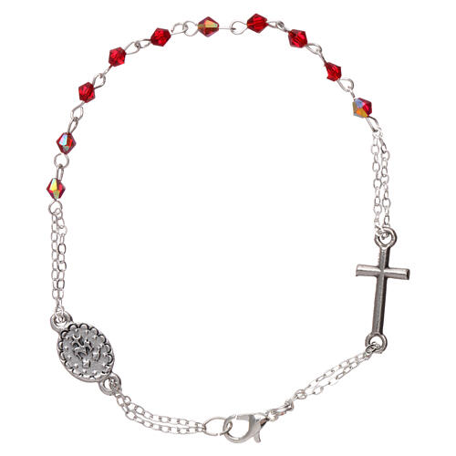 Decade rosary bracelet with 1 mm rhombus ruby beads, clasp closure and Miraculous medal 2