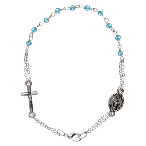 Bracelet dizainier chaîne grains 1 mm à facettes bleu eau croix et médaille 1