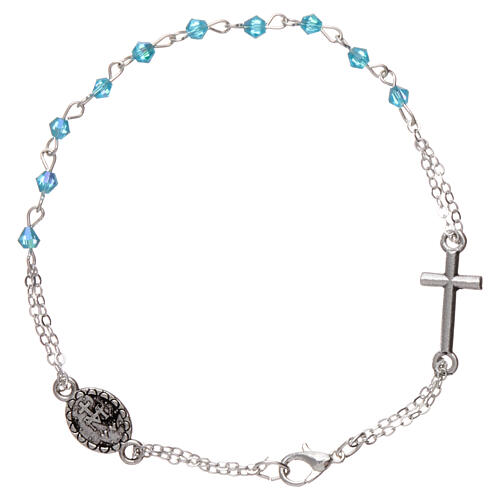 Decade rosary bracelet with 1 mm rhombus light blue beads, clasp and Miraculous medal 2