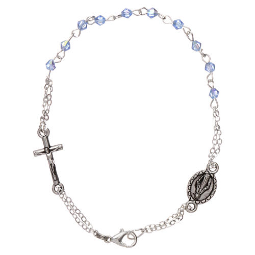 Bracelet dizainier chaîne grains 1 mm à facettes bleu ciel croix et médaille 1